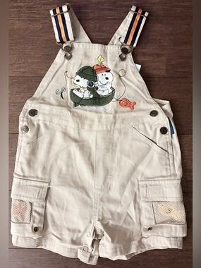 Vintage Snoopy Fishing Boat Khaki Shortalls Overalls Shorts Baby Size 12M Months